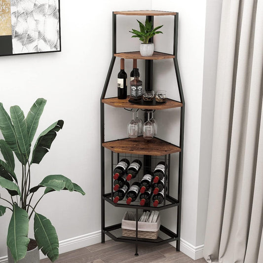 5-Tier Corner Wine Rack Floorstanding with Glass Holder and Bottles Wine Storage Home Bar Furniture for Home Kitchen Dining Room Industrial Metal and Wooden Corner Shelf
