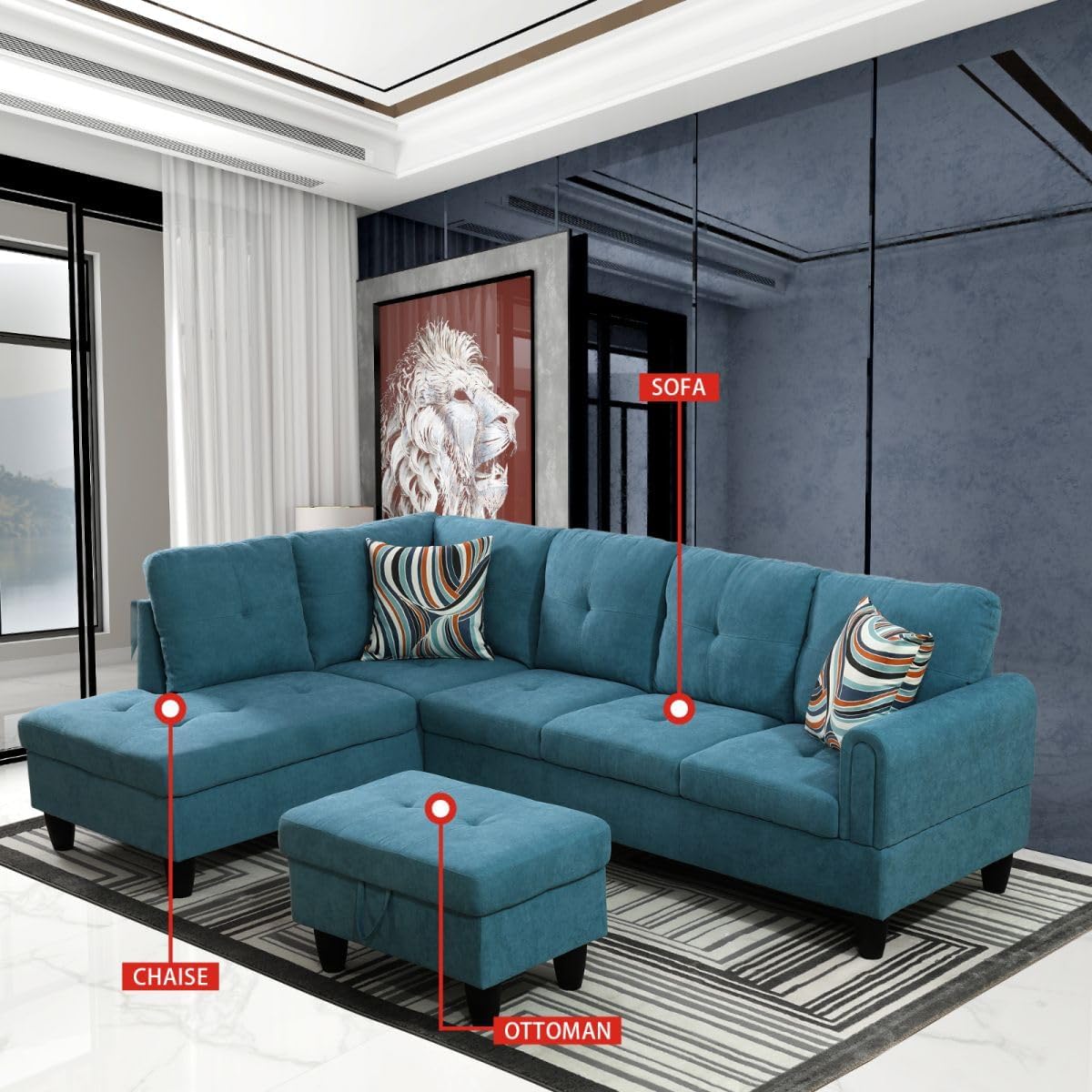 Green L-Shaped 3-Piece Flannel Sofa with Storage Ottoman Set, Sectional Couch Sofa Set for Living Room, Office, Small Space