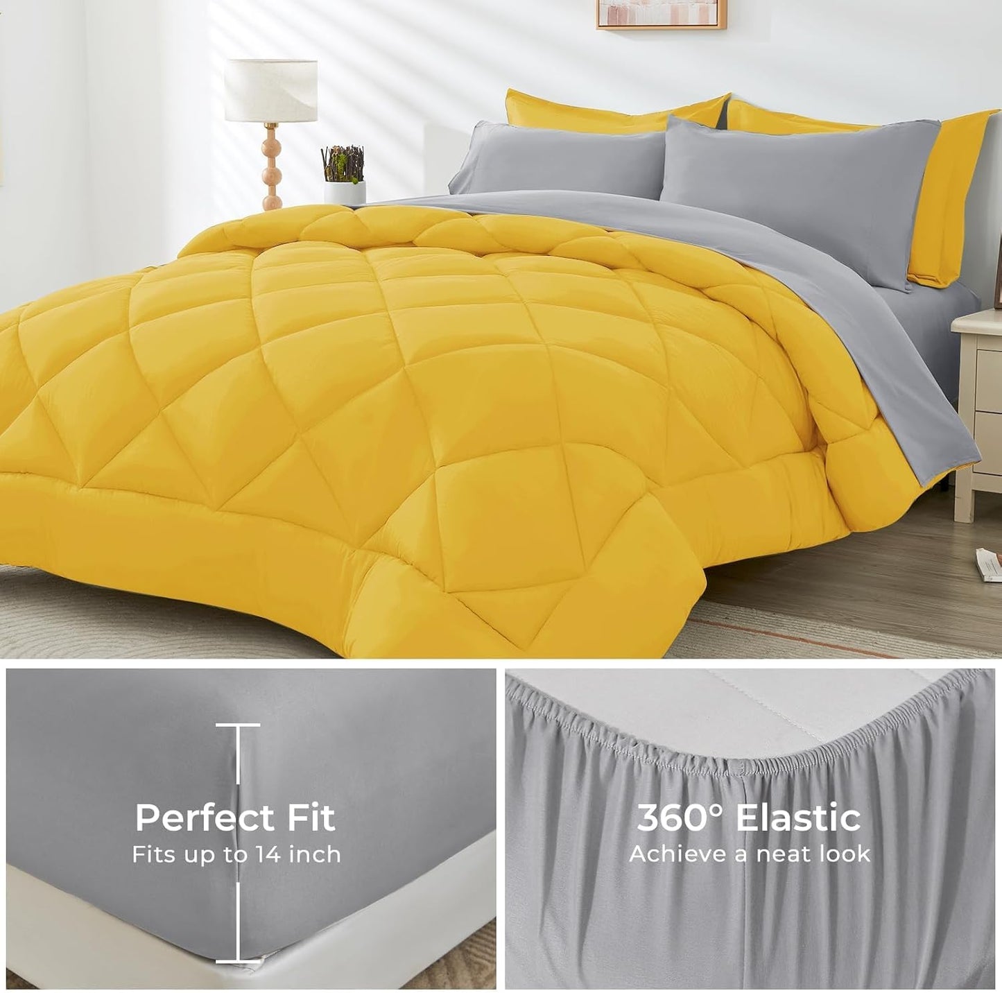 HEVUMYI Twin-XL Comforter Set - 5-Piece All Season Bed in a Bag Twin-XL, Ultra Soft Bedding Set with Comforter, Flat Sheet, Fitted Sheet, Pillowcases, Pillow Shams, Yellow & Light Grey