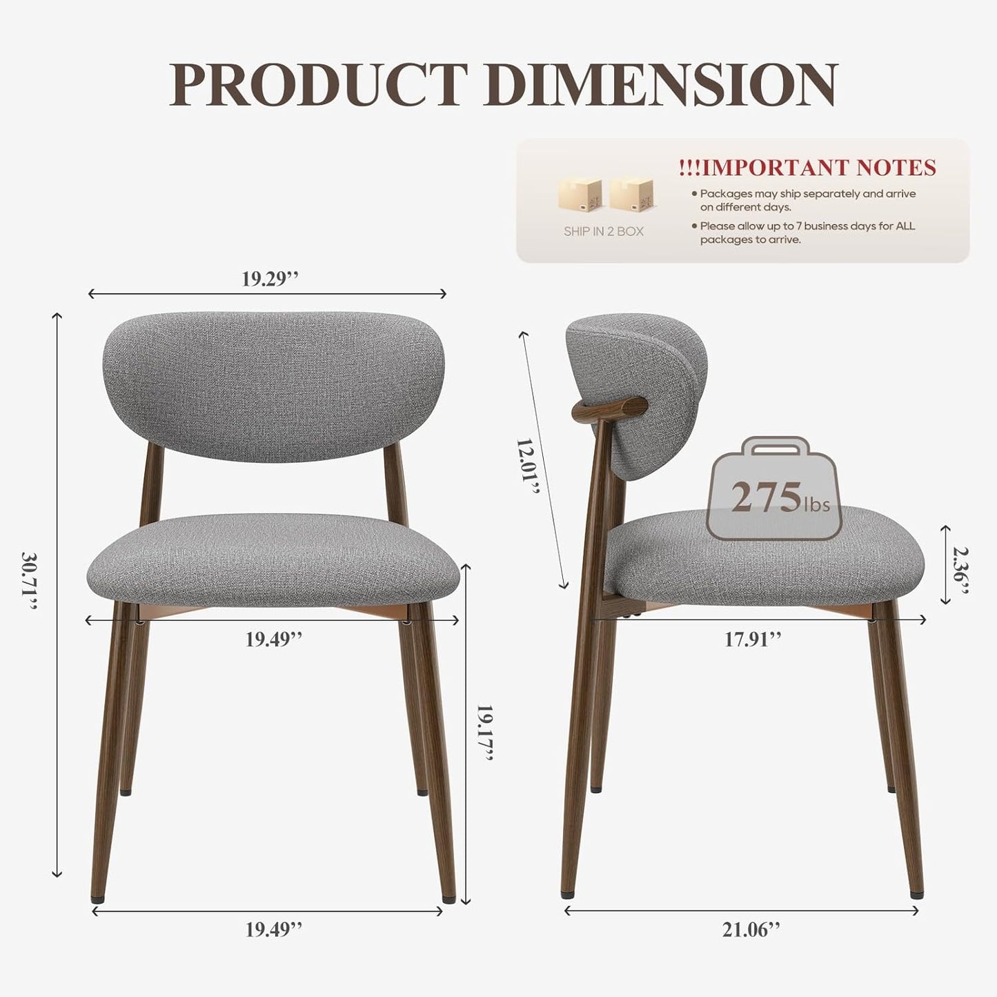Dining Chairs Set of 4, Ergonomic Fabric Upholstered Seating with Wood Look Metal Legs and Anti Slip Pads, for Home and Restaurant Use, Light Grey