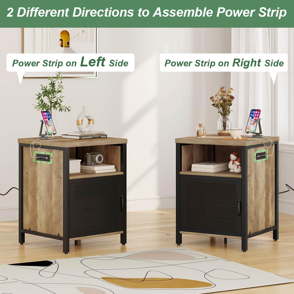 FATORRI End Table with Storage, Rustic Side Table for Living Room, Narrow Wood and Metal Bedside Tables with Door (Rustic Oak)