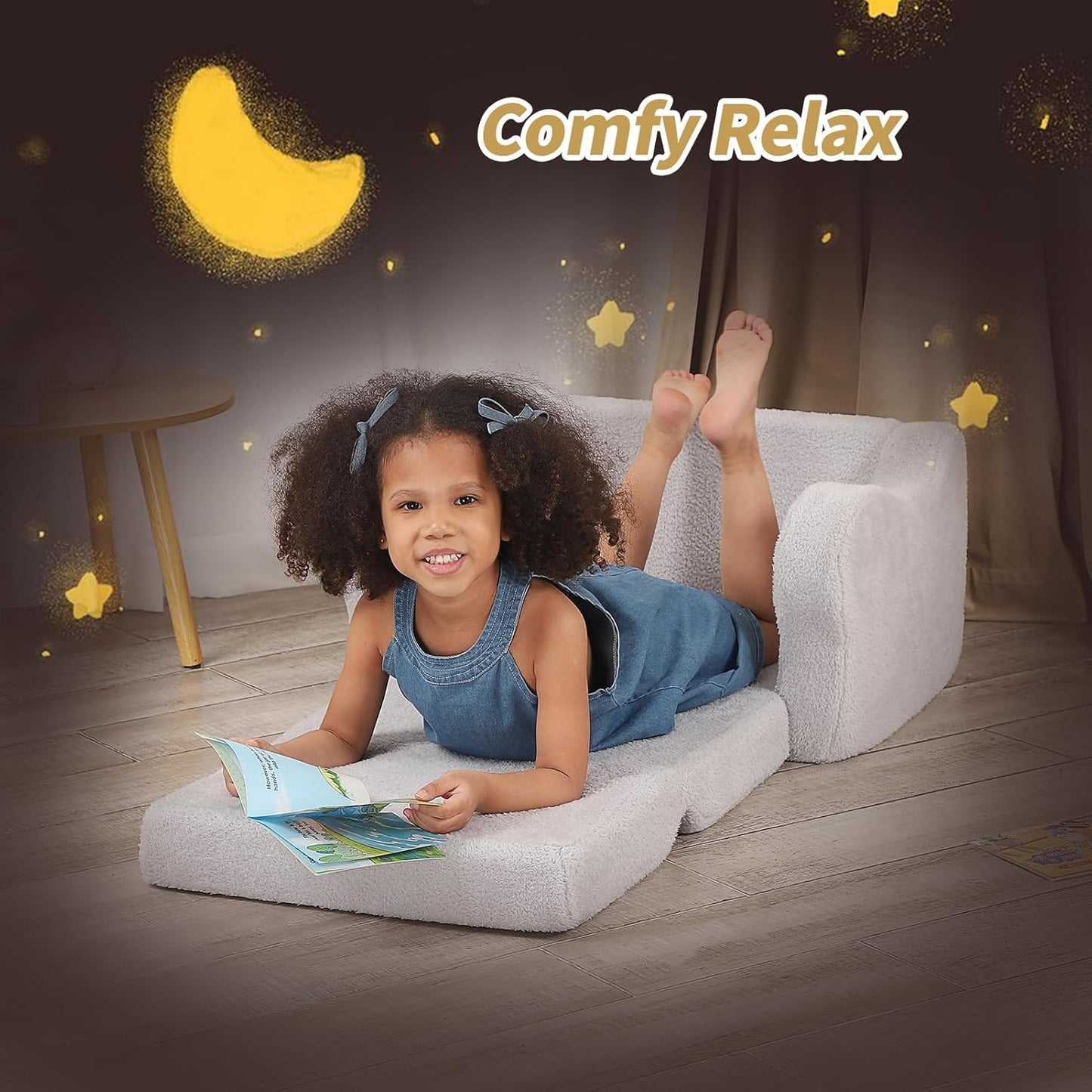 Comfy Toddler Chair, 2-in-1 Toddler Couch Fold Out, Convertible Sherpa Sofa to Lounger for Boys & Girls, Grey