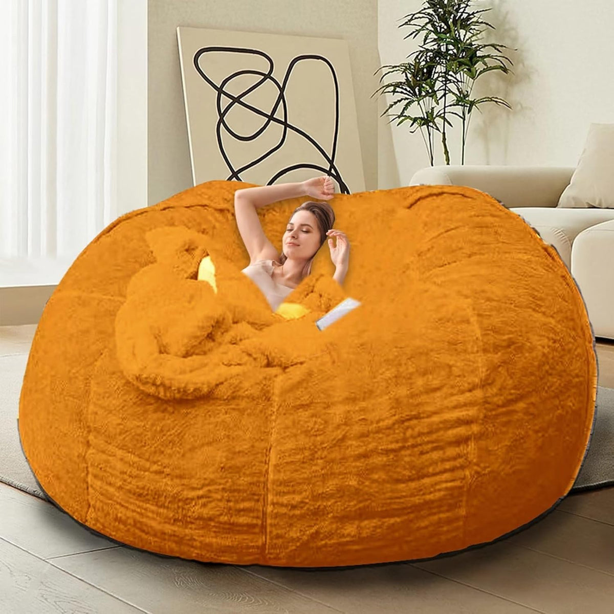 Bean Bag Chair for Adults Kids Without Filler Comfy Giant Round Lazy Sofa Chair Cover Floor Chair Cover for Bedroom Living Room, 7FT, Orange