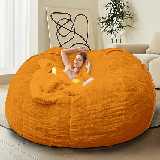 Bean Bag Chair for Adults Kids Without Filling Comfy Oversized Round Lazy Sofa Bean Bag Cover for Stuffed Animal Storage Bedroom Living Room Chairs, 6FT, Orange