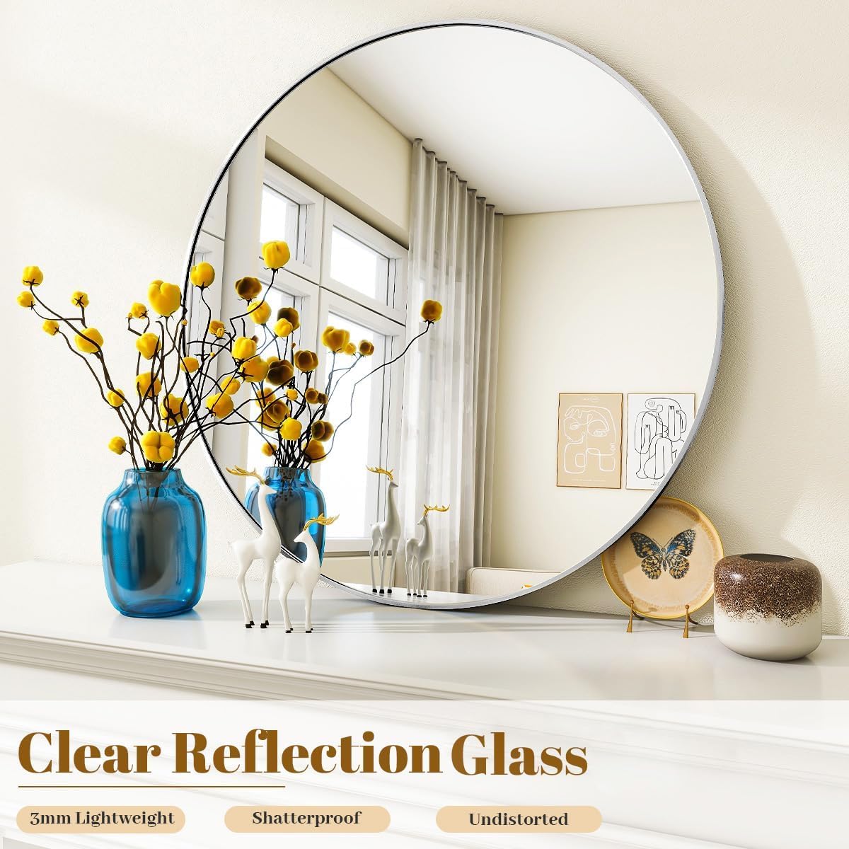 Silver Round Bathroom Mirror, 24 inch Circle Wall Mounted Hanging Mirror with Simple Modern Circular Metal Frame for Hallway, Entryway, Living Room, Silver Frame