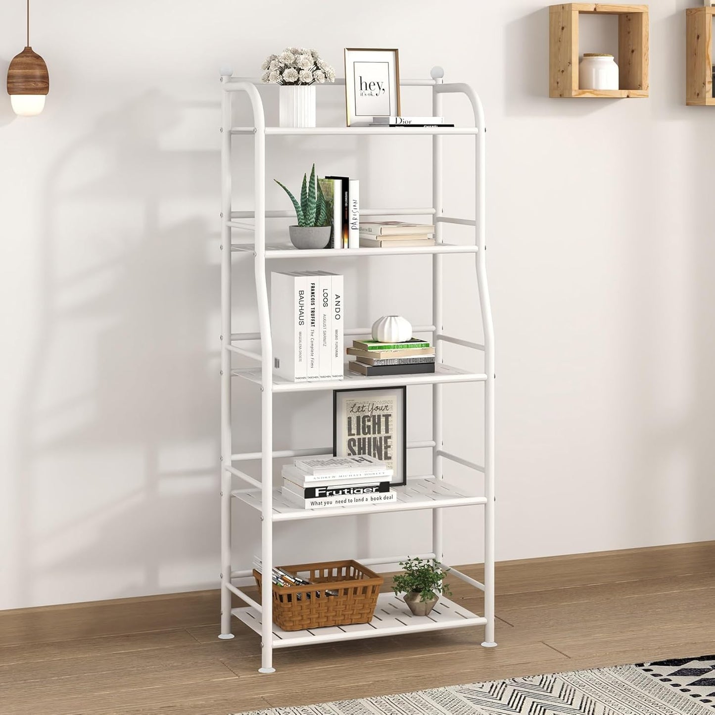 5 Tier Metal Shelf Storage Shelves Living Room Bookshelf Bathroom Corner Storage Rack for Kitchen,Indoor Plant Stand (Matte White, 5 Tier)