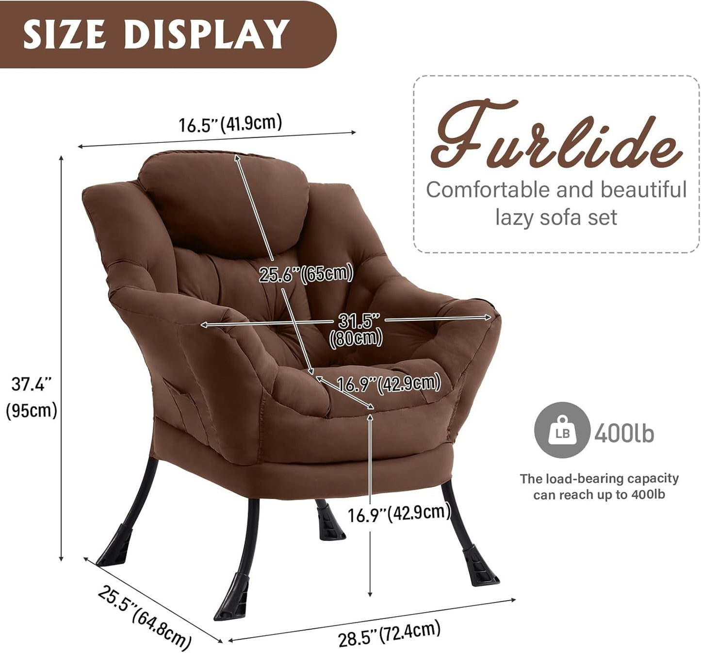 Lazy Chair for Living Room, Modern Accent Chairs with Armrests, Comfy Lounge Chair with Side Pocket, Cozy Lazy Sofa for Reading, Balcony, Bedroom, Dorm, Small Spaces (Dark Brown)