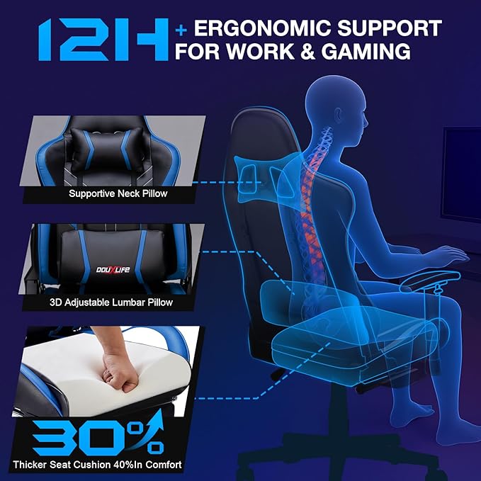 Douxlife Video Gaming Chair with Footrest Lumbar Support, High Back Recliner Height Adjustable Ergonomic Comfy Leather Computer Desk Chair for Home Office Blue
