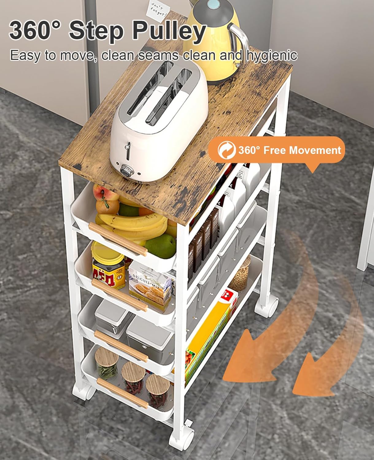 Aupekro 5-Tier Rolling Storage Cart with Wooden Top, Narrow Metal Kitchen Storage Cart, Versatile Mobile Shelving Unit Trolley, Pantry Utility Cart with Pull-Out Drawer (White)