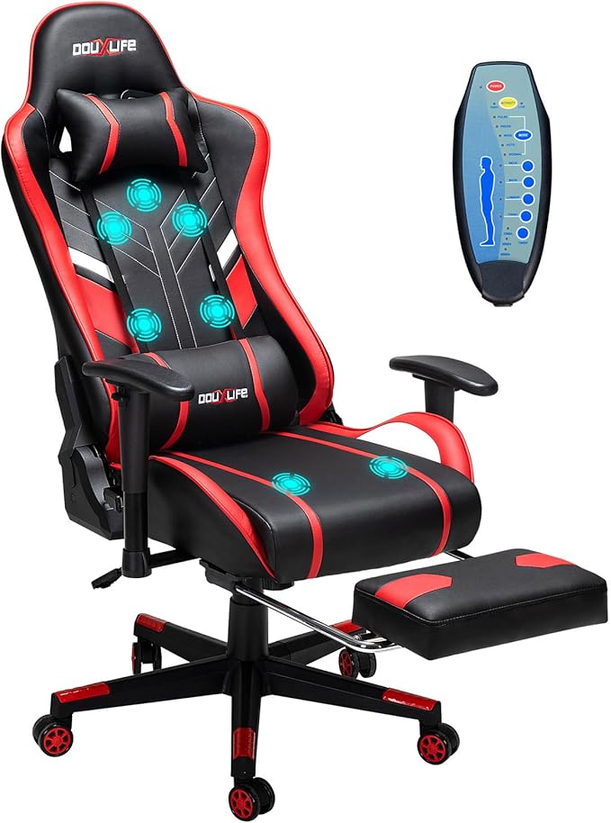 Douxlife 7-Point Massage Gaming Chair, 175° Gaming Recliner with Footrest Ergonomic Computer Office Chair High Back Video Game Chair with Lumbar Support, Upgraded Version, Red