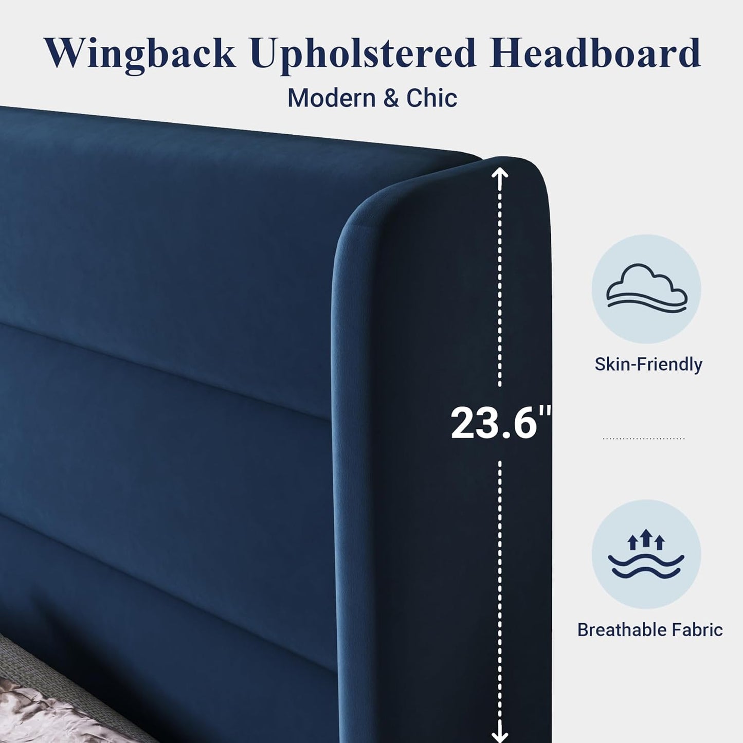 Allewie Queen Size Platform Bed Frame with Velvet Upholstered Wingback Headboard, No Box Spring Needed, Under Bed Storage Space, Wooden Slats, Modern Mattress Foundation, Easy Assembly, Blue