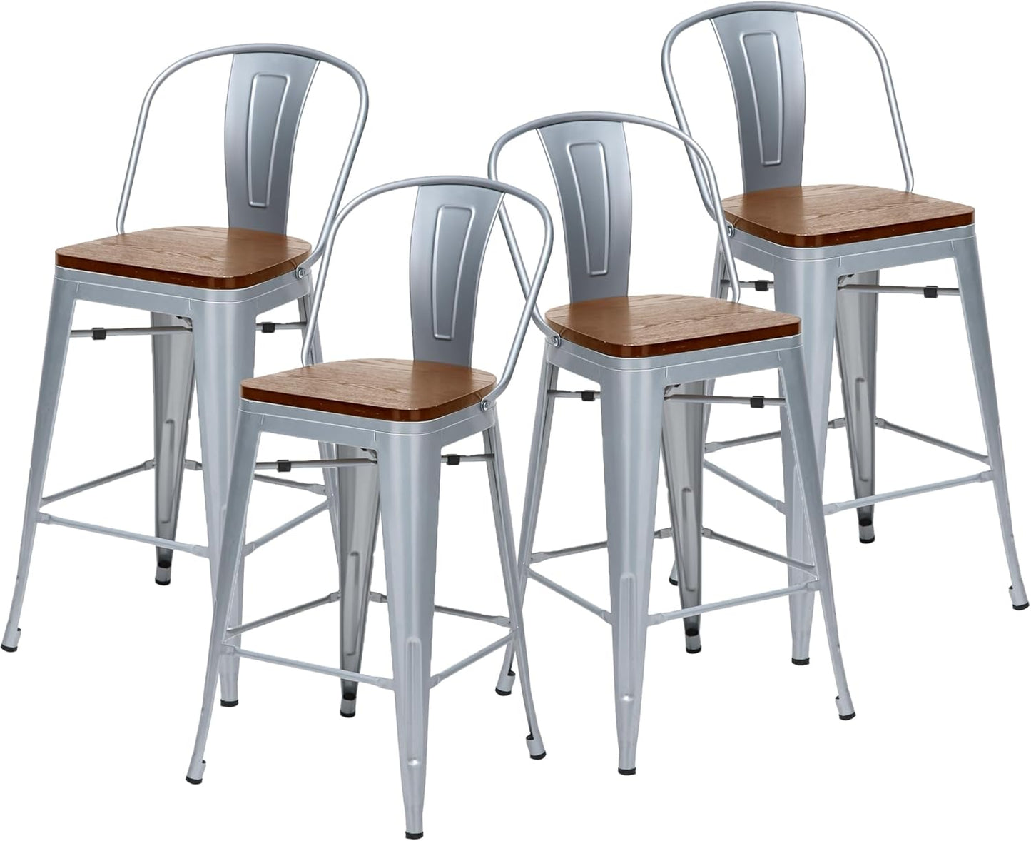 Changjie Furniture 26 Inches Metal Barstools Set of 4 Counter Height Bar Stools Industrial Stools with Backs High Back Chairs for Kitchen Island (26 Inch,Silver)