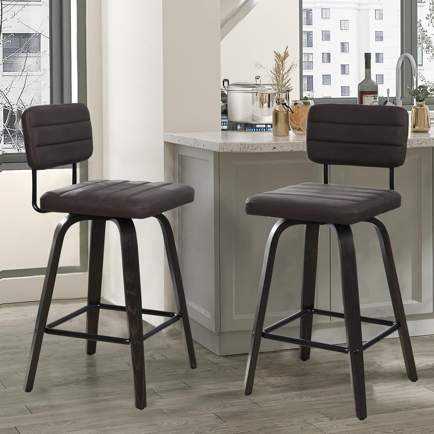 Counter Height Bar Stools Set of 2 Wood Swivel Bar Stools for Kitchen Island Modern Square Barstools with Leather Back Cushion Industrial Vintage Bar Chair Rustic Furniture for Home Pub 24 Inch Brown