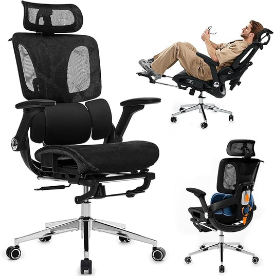 Ergonomic Office Chair with Footrest, High Back Desk Chair Computer Gaming Chairs with 4D Armrests, Adjustable 3-Zone Dynamic Lumbar Support, Ergonomic Mesh Chairs with Wheels, Black