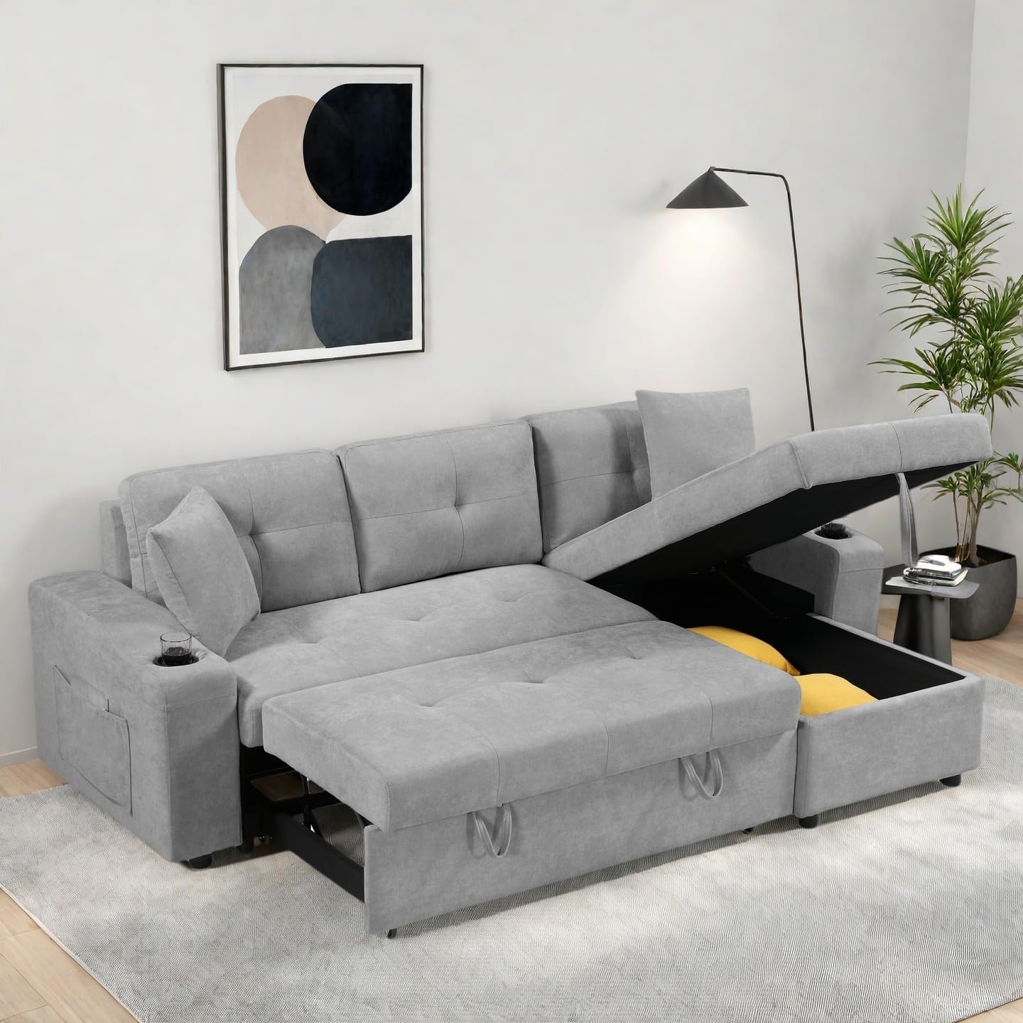 L Shape Pull Out Sofa Bed with Cup Holder, Convertible Sectional Couch with Reversible Chaise Storage, Modular 4 Seat Sofa with Side Pockets, for Living Room, Apartment, Office, Light Gray