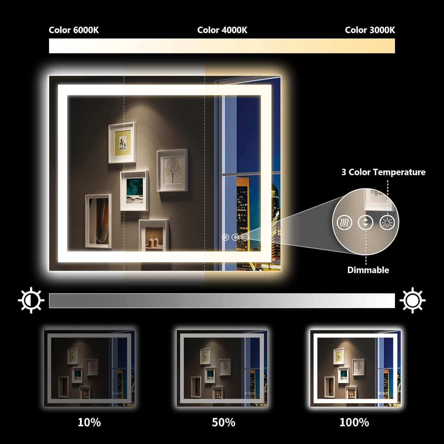 48x36 Inch LED Bathroom Mirror with Lights Front and Backlit Lighted Vanity Mirror for Bathroom Wall with 3 Colors Dimmable Anti-Fog Memory Shatter-Proof IP54 Waterproof Horizontal/Vertical