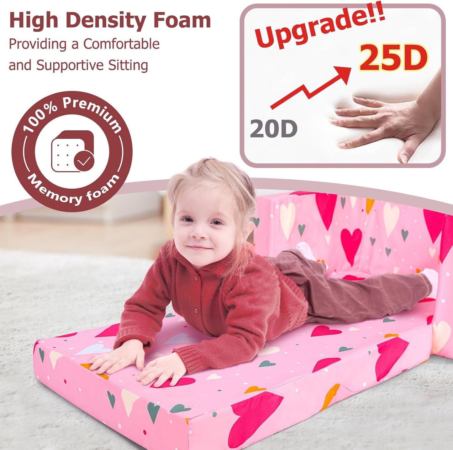 Kids Couch, 2-in-1 Kids Fold Out Sofa, Convertible Toddler Couch to Lounger for Girls and Boys, Soft Toddler Chairs Comfy 1-3 Years Old(Pink Heart)