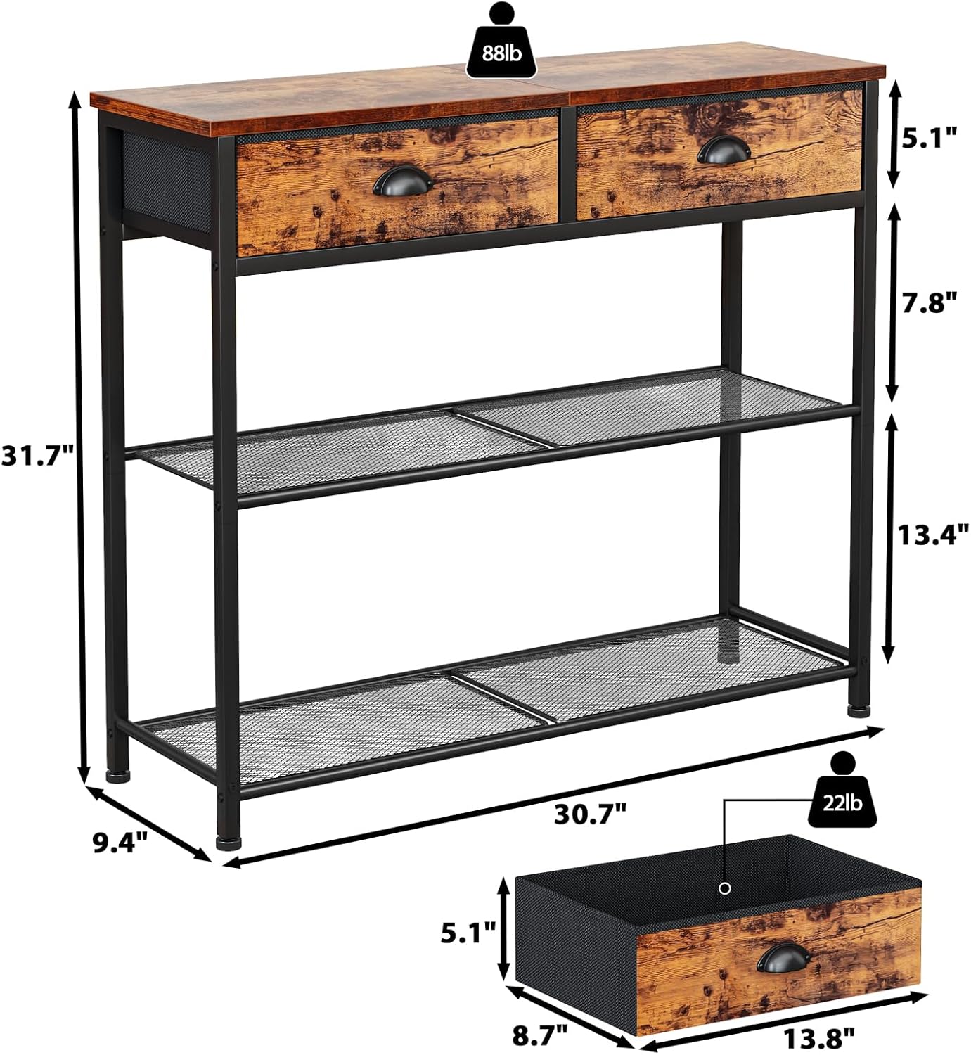 Furologee Console Sofa Table with Storage Shelf for Entry Way, Small 30'' Entryway Table with 2 Fabric Drawers, Industrial Display Shelves for Hallway, Entrance, Foyer, Rustic Brown