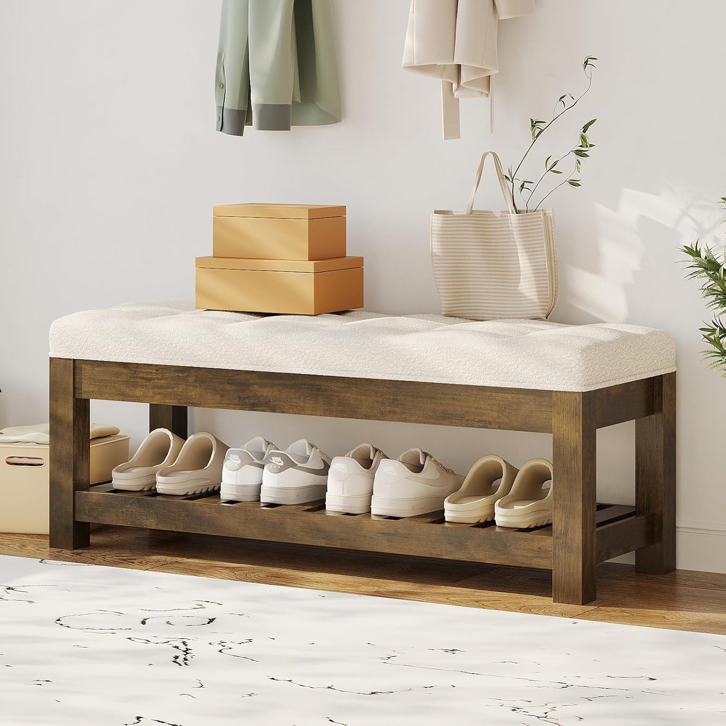 Large Upholstered Ottoman Bench Entryway Storage Benches Tufted Linen Ottoman Bench with Solid Wood Shelf Padded End of Bed Bench for Bedroom Living Room Hallway Decor