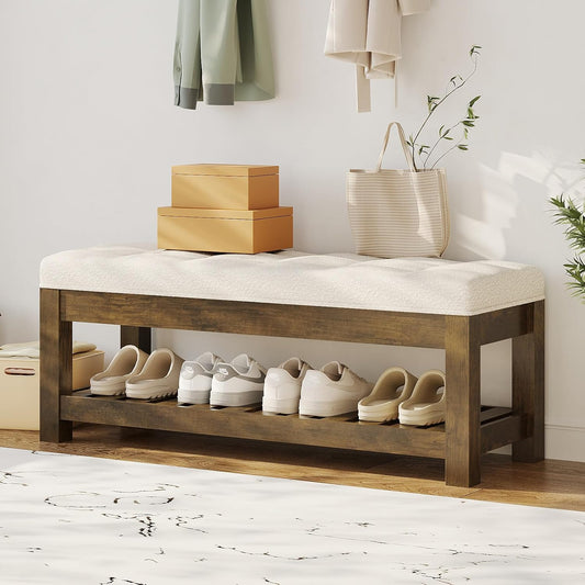 Large Upholstered Ottoman Bench Entryway Storage Benches Tufted Linen Ottoman Bench with Solid Wood Shelf Padded End of Bed Bench for Bedroom Living Room Hallway Decor