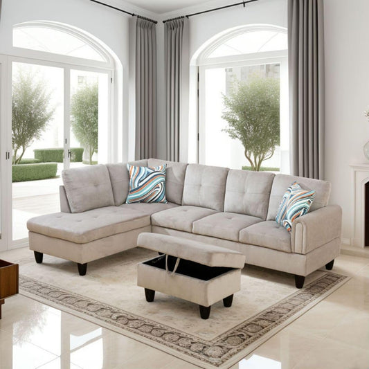 Grey White L-Shaped 3-Piece Corduroy Sofa with Storage Ottoman Set, Sectional Couch Sofa Set for Living Room, Office, Small Space