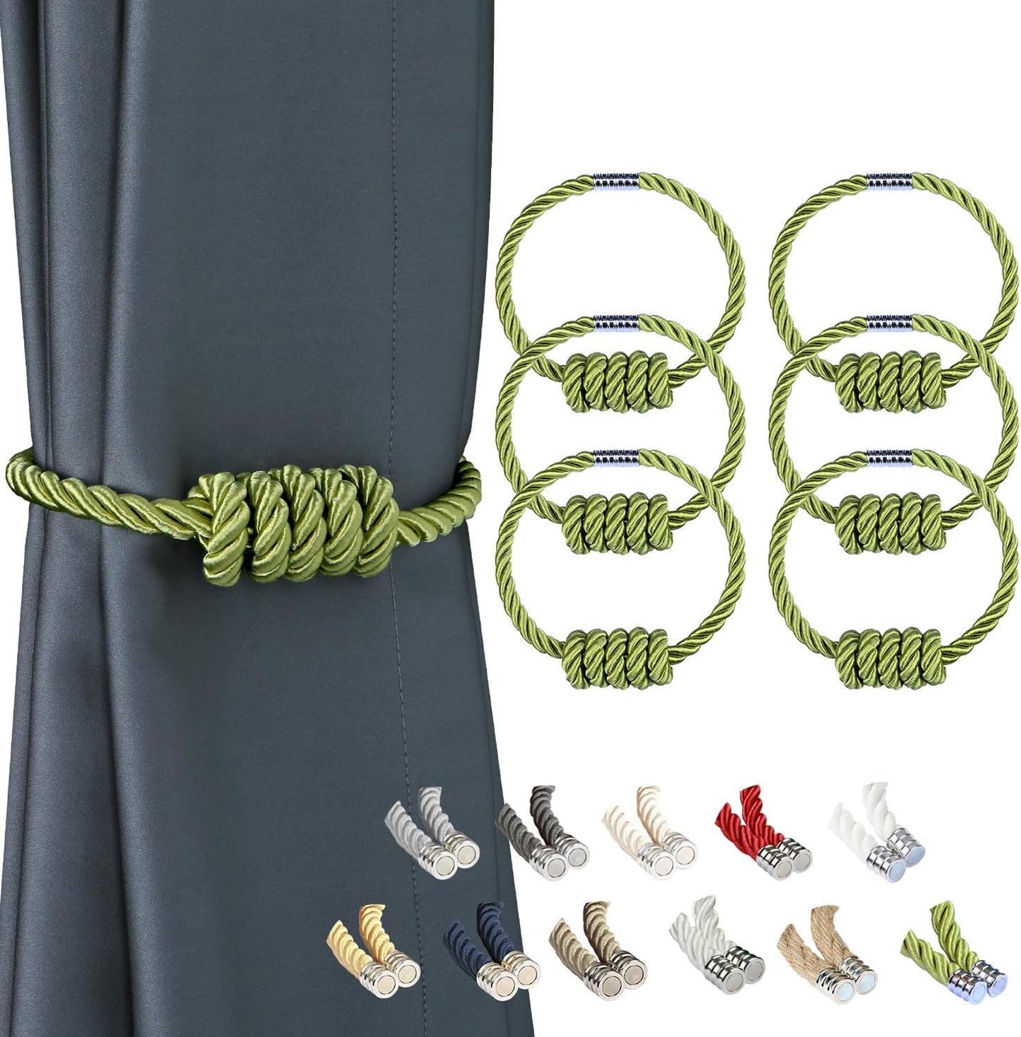 BEL AVENIR Magnetic Curtain Tiebacks, Decorative Drapery Holdbacks Modern Woven Tie-Backs with Exquisite Knot (Green, 6 Pack)