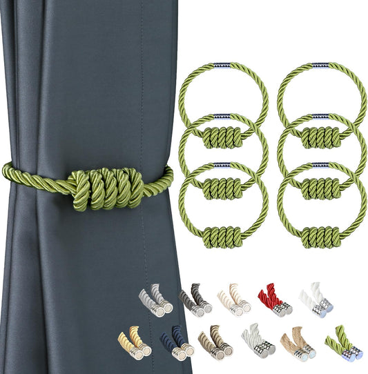 BEL AVENIR Magnetic Curtain Tiebacks, Decorative Drapery Holdbacks Modern Woven Tie-Backs with Exquisite Knot (Green, 6 Pack)