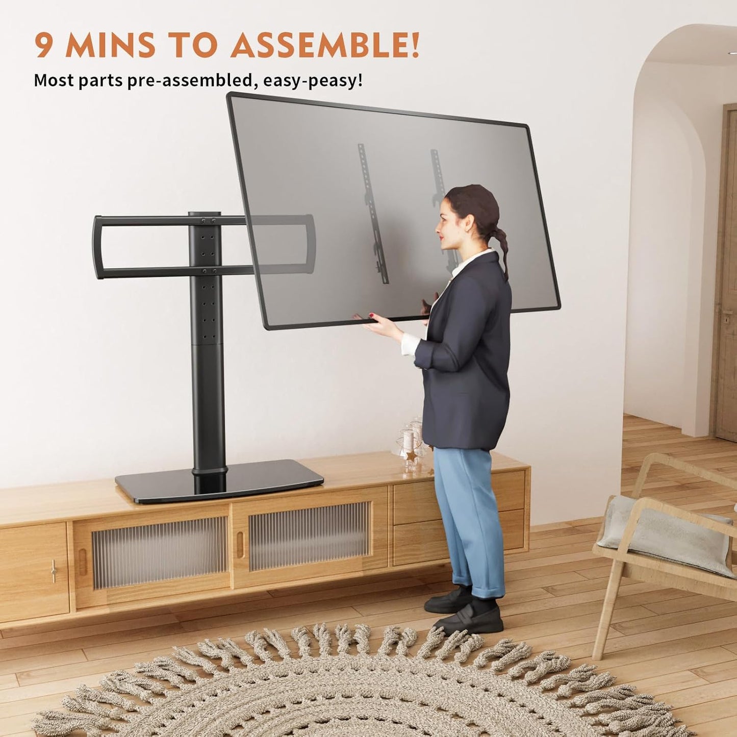 Universal Swivel TV Stand/Base Table Top Stand 40 to 86 inch TVs 110 Degree Swivel, 5 Level Height Adjustable, Heavy Duty Tempered Glass Base, Holds up 132lbs Screens, HT04B-003