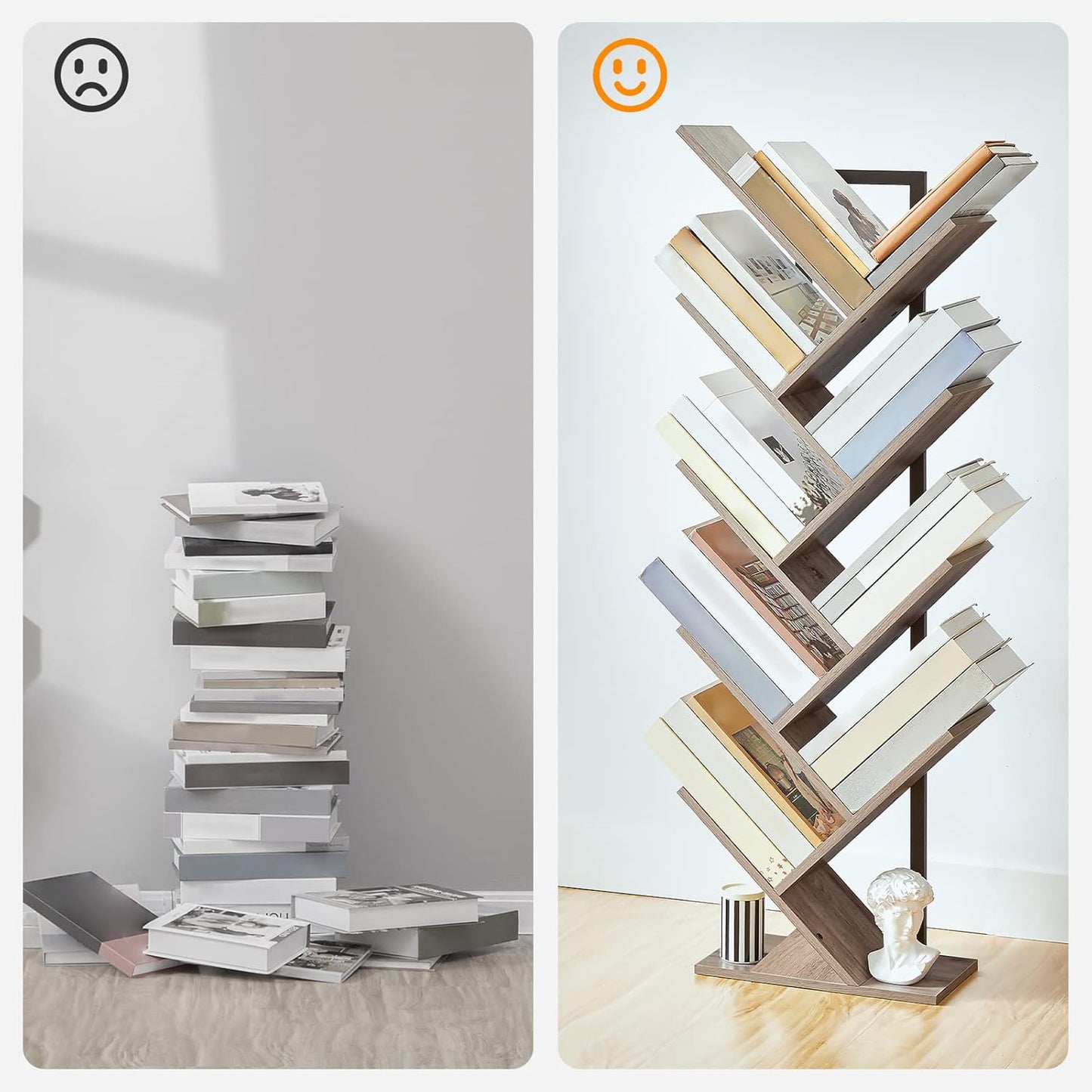 HOOBRO Tree Bookshelf, 9-Tier Bookcase Wooden Shelves, Floor Standing Storage Rack, for Display of CDs, Books in Living Room, Home Office, Wood Storage Rack for Bedroom, Greige BG08SJ01G1