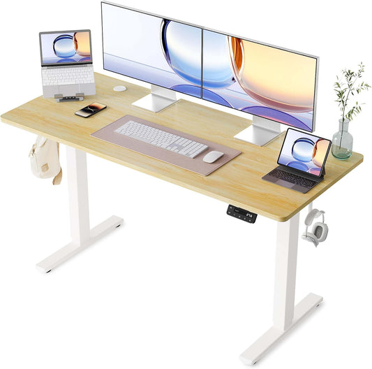 YIHAYO Electric Standing Desk, 55 x 24 Inches Stand Up Desk with Splice Board, Adjustable Height Desk, Computer Desk for Home Office, White Frame/Natural Top