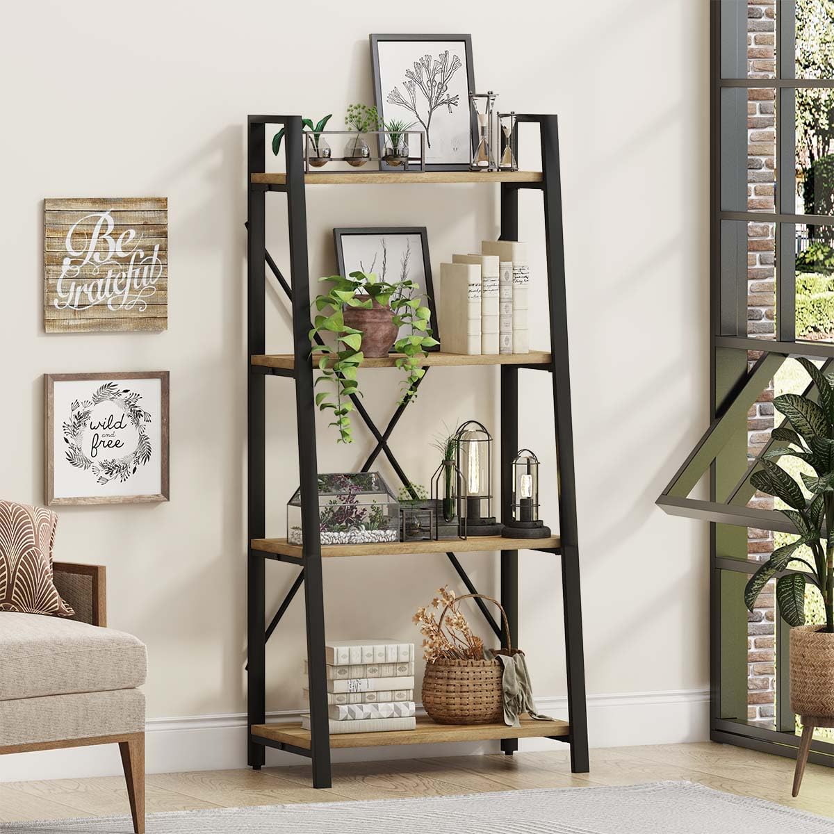 BON AUGURE Farmhouse Ladder Shelf Bookcase, 4 Tier Rustic Ladder Bookshelf, Standing Leaning Book Shelves for Living Room (Vintage Oak)