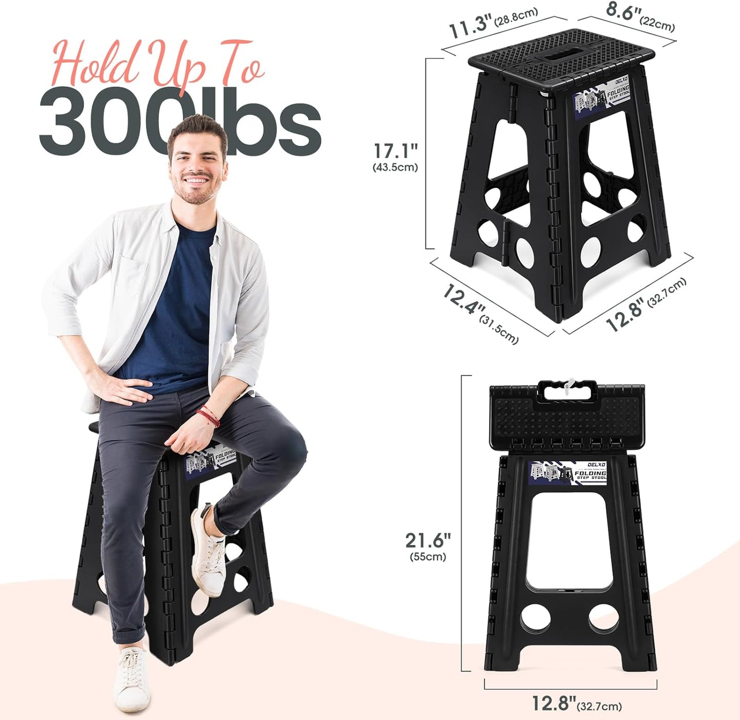 Delxo Folding Step Stool 17.5 Inch Non-Slip Foldable Stools Up to 300 LBS Kitchen Collapsible Fold Up Stepping Stool with Dotted 1 Pack Black