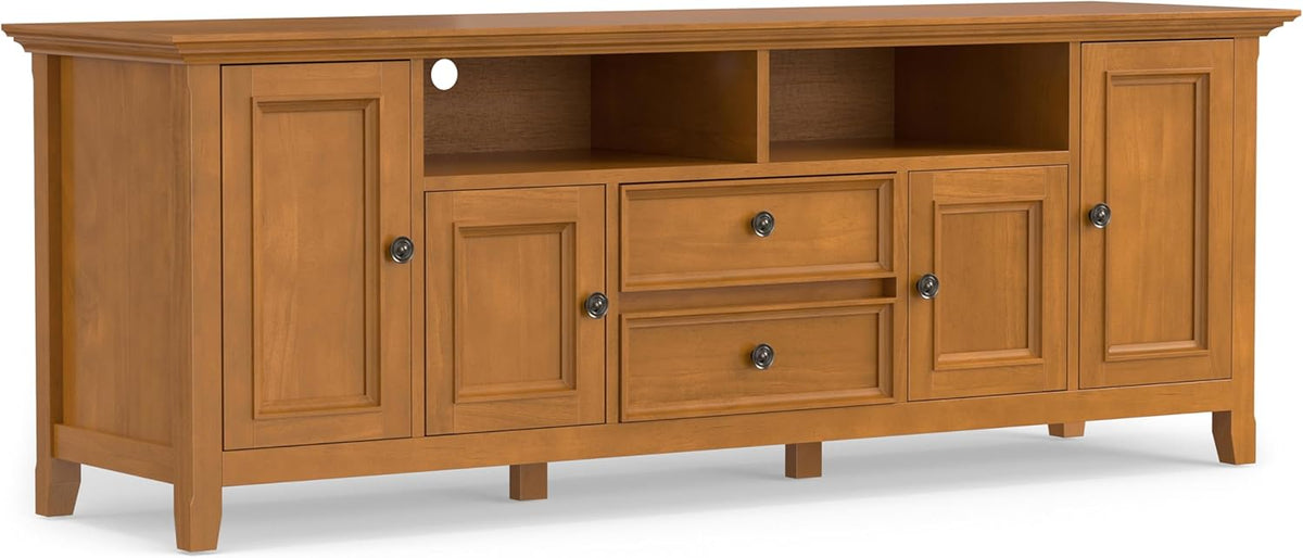 SIMPLIHOME Amherst 72-inch Wide Solid Wood TV Stand in Light Golden Brown, Transitional-Style Media Console for Living Room with Cable Management and Adjustable Shelves, Fits 80" TVs