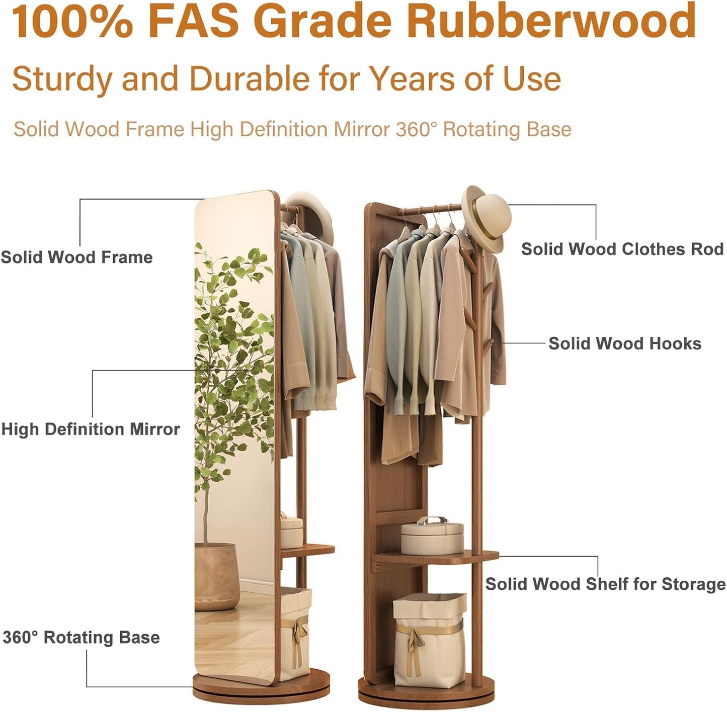 70"x16"Full Length Mirror with Stand,Coat Rack with Mirror,Solid Wood Floor Mirror,Swivel Mirrorfor Bedroom, Living Room, Cloakroom