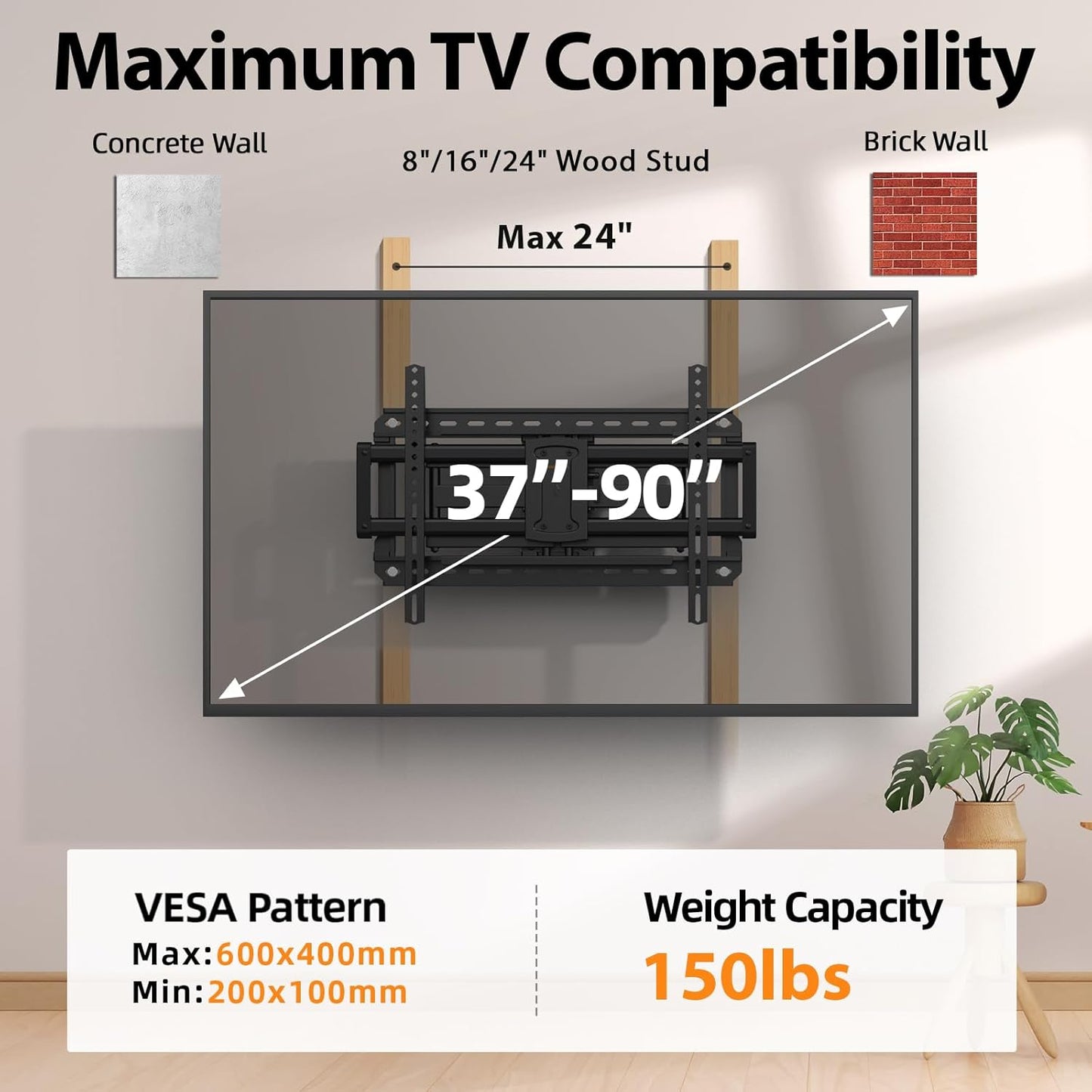 Full Motion 75 85 86 90'' TV Wall Mount Bracket, Loads 150 lbs Heavy Duty TV Mount, Swivel Tilt Extension Level, Complete Metal Bars & Wall Plate, up to 600x400mm VESA & 24'' Wood Studs