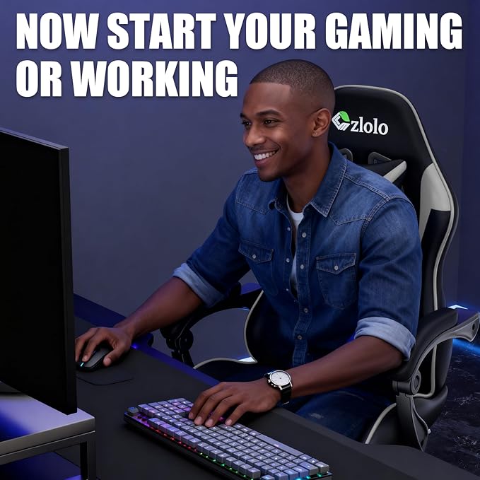 Gaming Chair with Footrest Racing Style Lumbar Support Massager Video Game Chair with Metal Legs, High Back Reclining Gamer Chair with Headrest, 360° Swivel Office Computer Desk Chair (Gray)