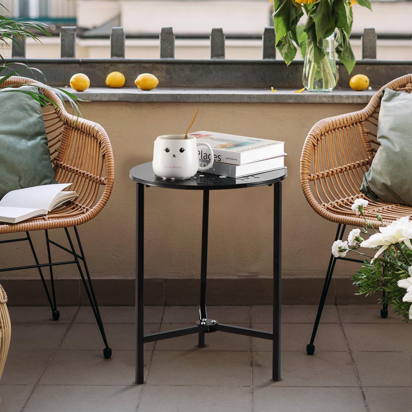 2 Packs 13" Metal Outdoor Side Tables Small Black Outside End Table for Patio Round Accent Corner Stand for Small Spaces Weather-Resistant Coffee Table for Balcony Porch Plant Stand, Starlight