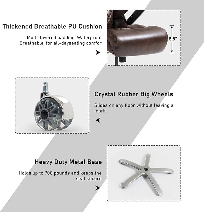 DYHOME 700LBS Heavy Duty Office Chair with 4d Armrest, Big and Tall Office Chair, Ergonomic Computer Chair with Airbag Lumbar Support, Wider Thicker Seat Cushion, PU Comfy Office Desk Chairs, Brown