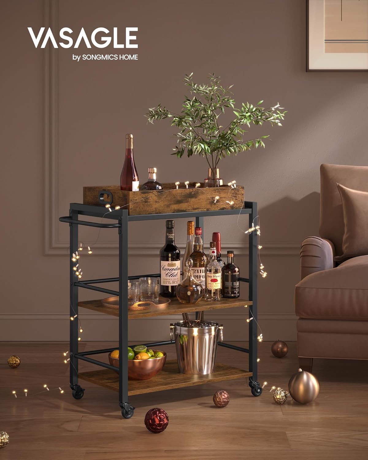 VASAGLE Kitchen Serving Cart with Removable Tray, 3-Tier Kitchen Utility Cart on Wheels with Storage, with Brakes, Leveling Feet, 15.7 x 28.3 x 33.9 Inches, Rustic Brown and Black ULRC72X