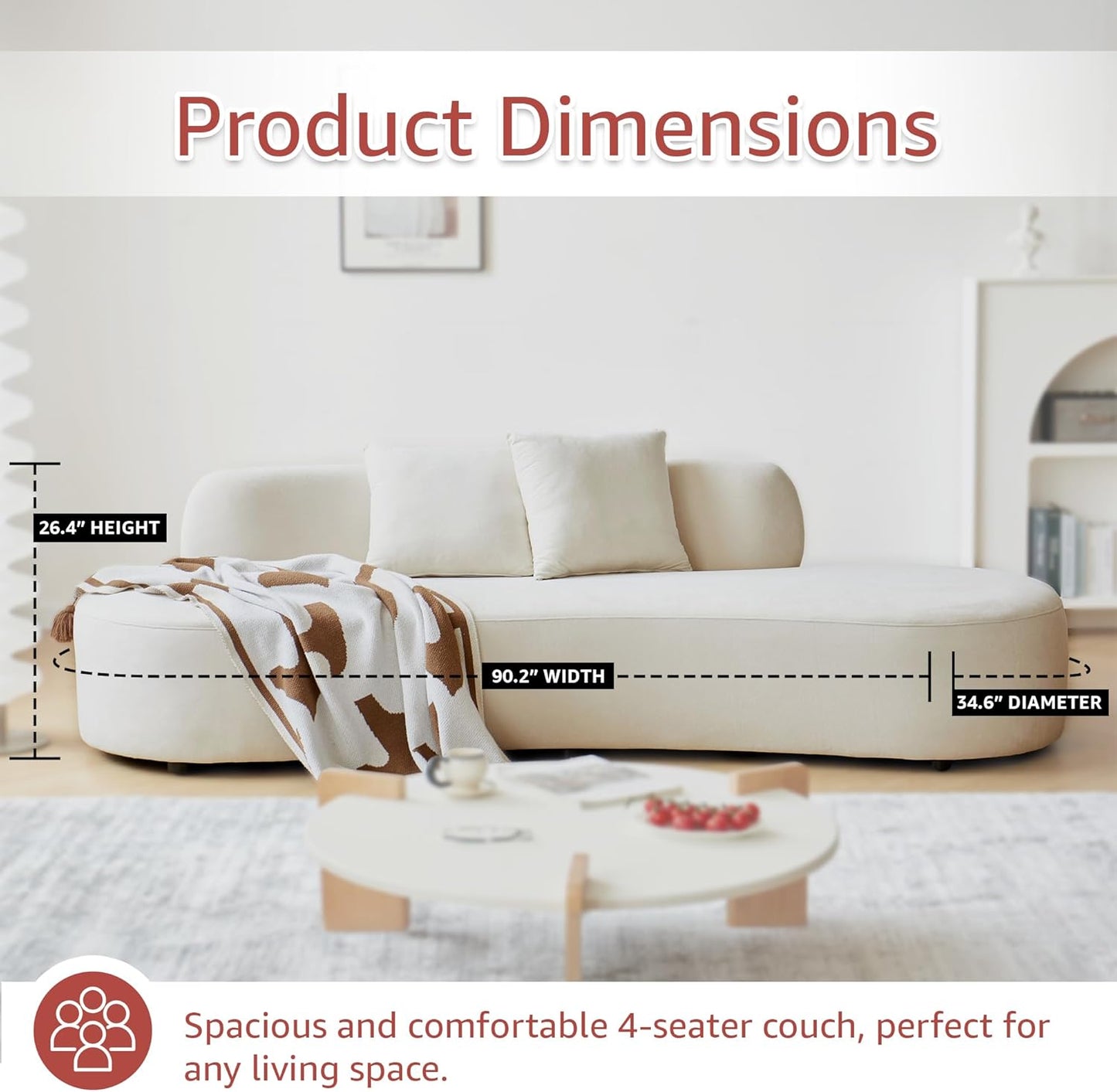 Container Furniture Direct 90" Curved Sofa with Throw Pillows, 4 Seater Luxury Velvet Couch with Half Moon Design and High-Density Foam, Ideal for Modern Living Room, Office & Apartment, Ivory