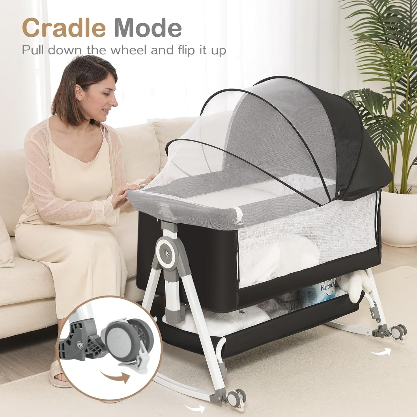 Baby Bassinet, Bedside Bassinet for Baby, 4 in 1 Bassinet Bedside Sleeper with Locked Wheels, Mosquito Net, Adjustable Easy Folding Portable Crib for Infant Newborn, Dark Grey