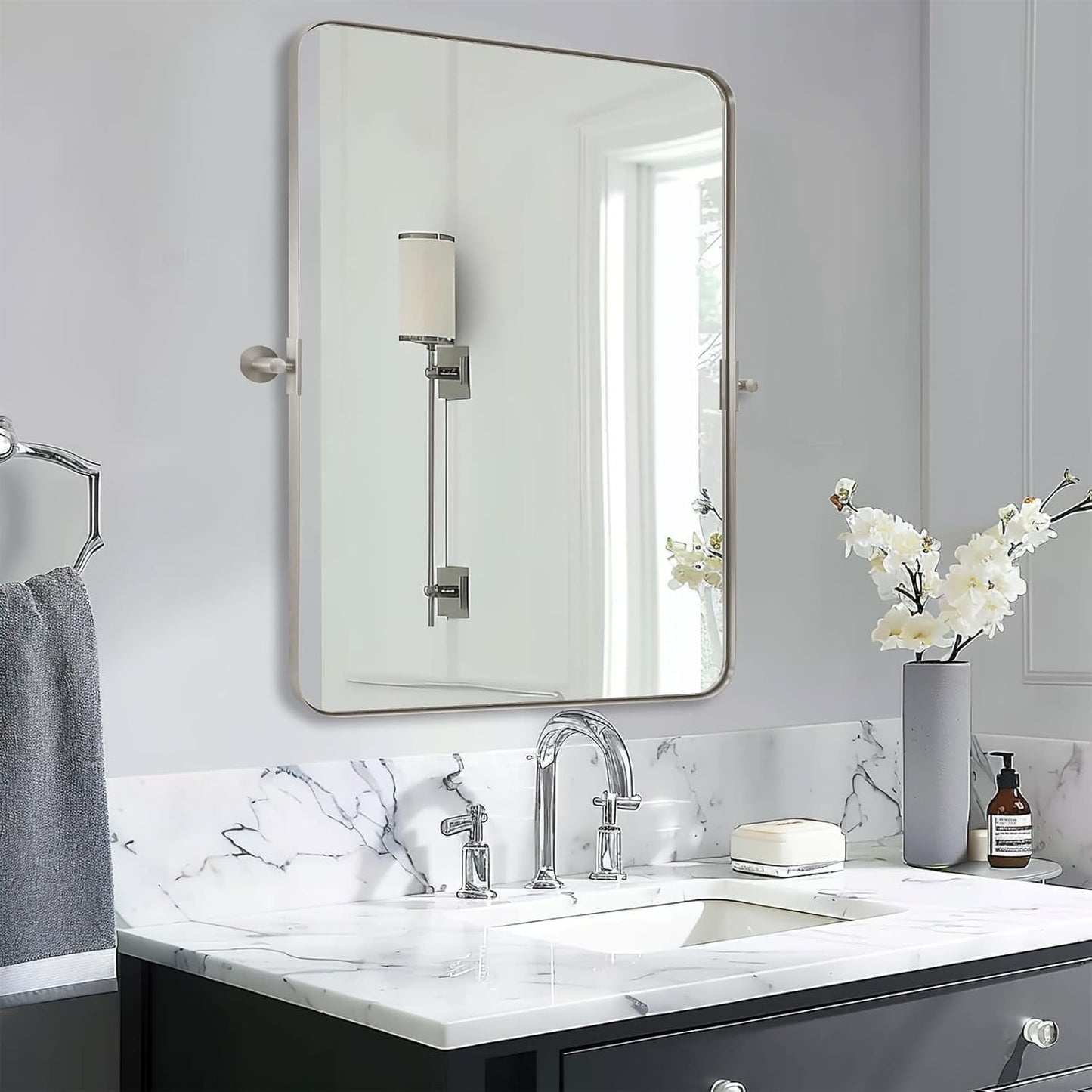 MOON MIRROR Brushed Nickel Pivot Mirror for Bathroom, Tilt Rounded Rectangle for Vanity, Overall 32.33 x 36 in (Mirror 28x 36 in)
