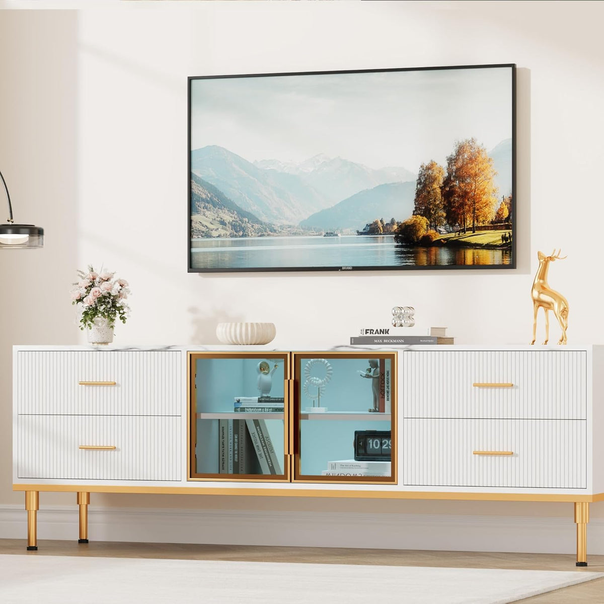 66" Fluted TV Stand with LED Light, Modern Entertainment Center for TVs Up to 75 Inch, Wood TV Media Console with Faux Marble Top, 4 Drawers, Glass Door for Living Room, White