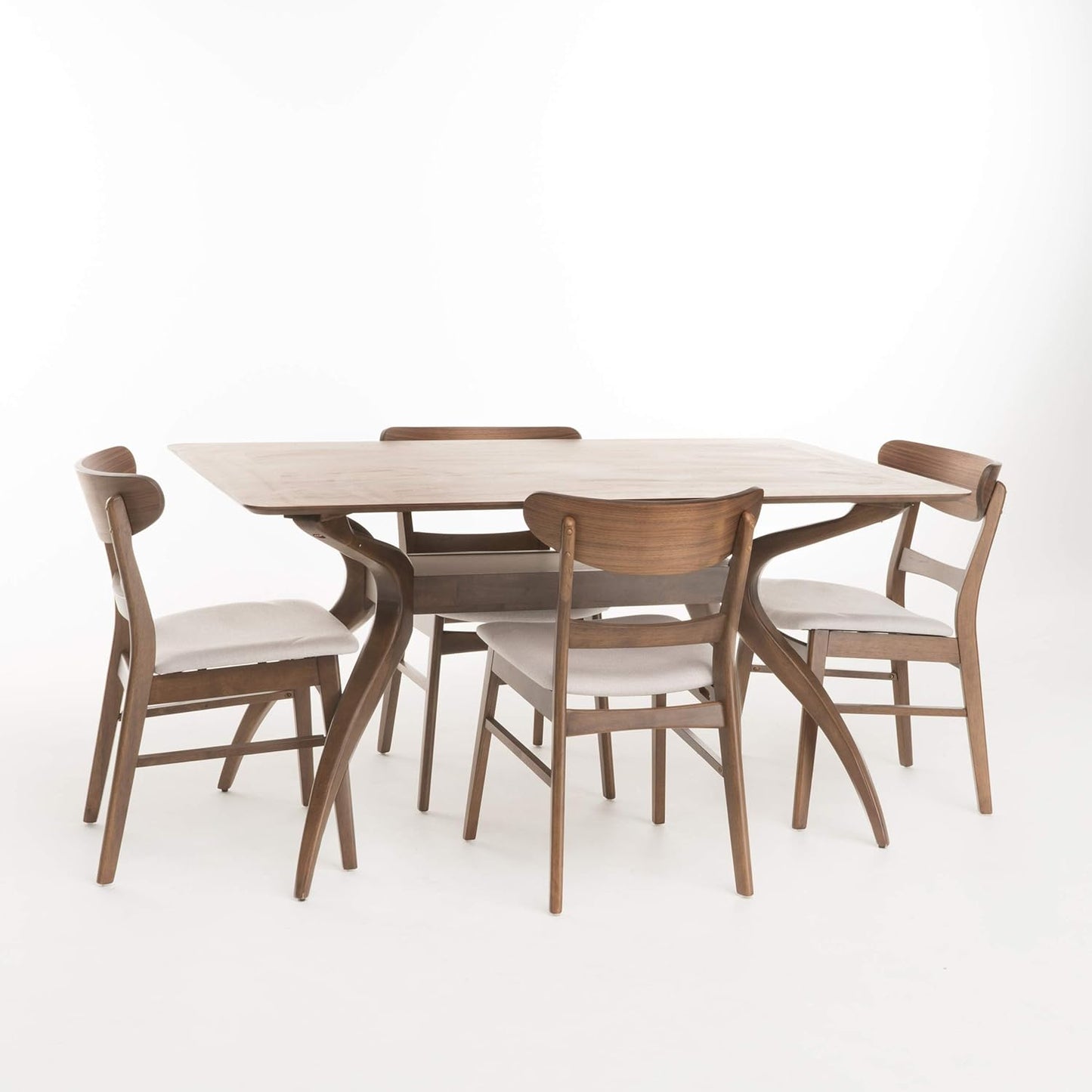 Christopher Knight Home Idalia Curved Leg Rectangular Dining Set, 5-Pcs Set, Natural Walnut / Light Beige
