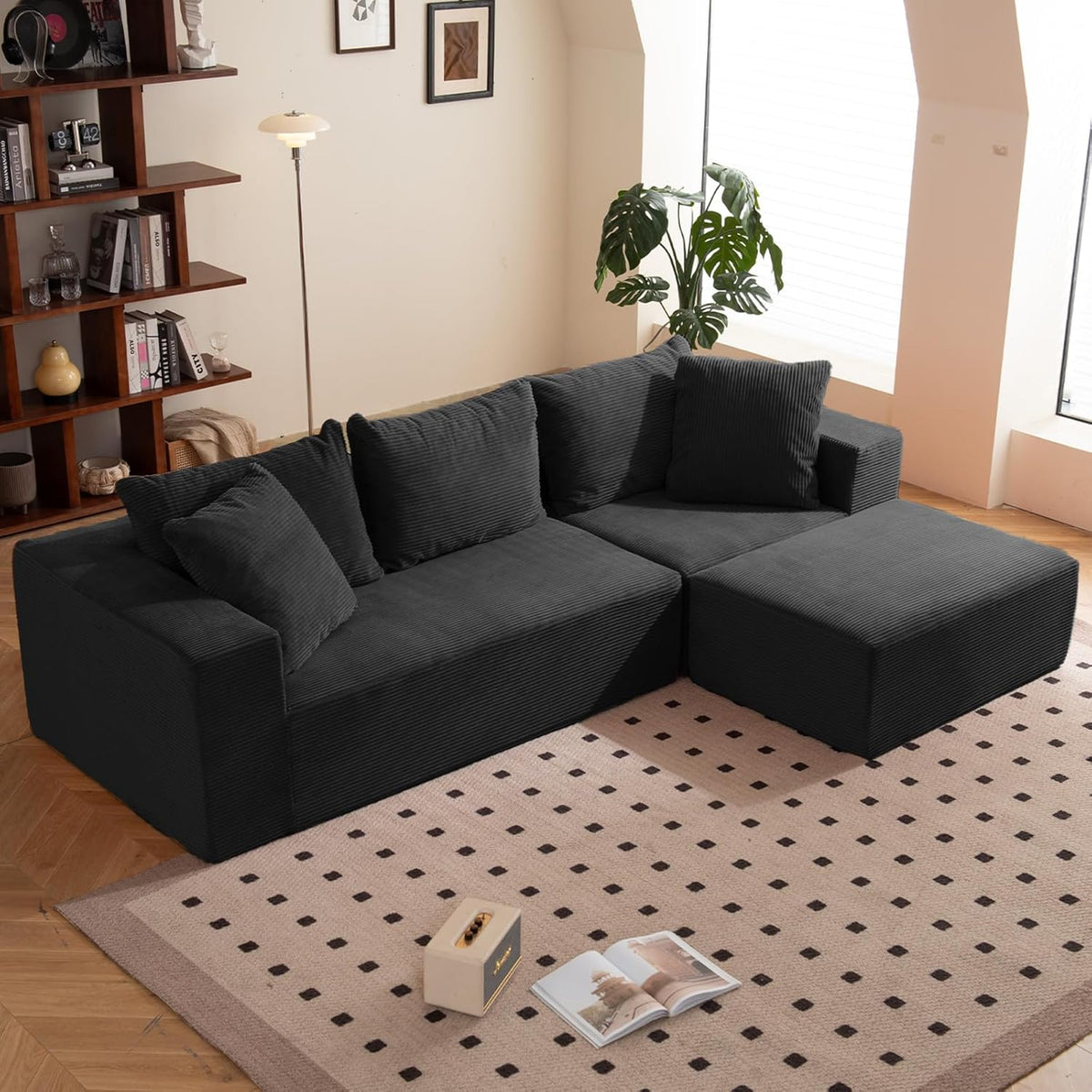 Modular Sectional Sofa, 108" L-Shaped Boneless Couch with Deep Seat, Corduroy Cloud Couch for Living Room, Bedroom, No Assembly Required, Ship in a Box, Black