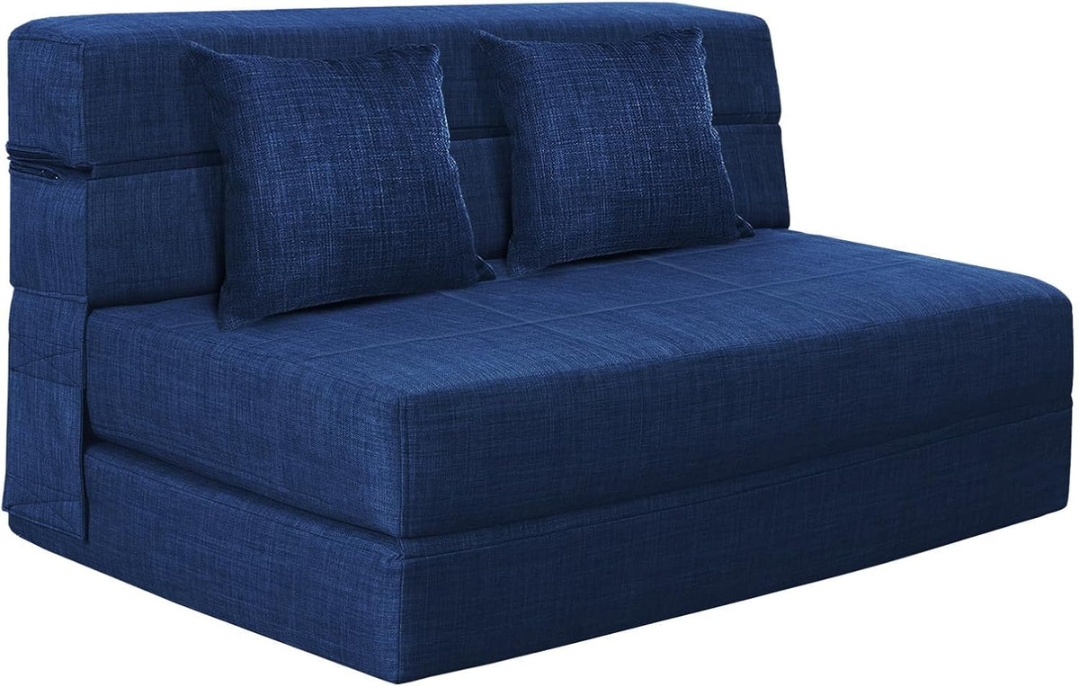 60 Inch Folding Sofa Couch Memory Foam with Pillow Convertible Sleeper Mattress Futon Lazy for Living Room，Washable Cover，Queen Size，Dark Blue