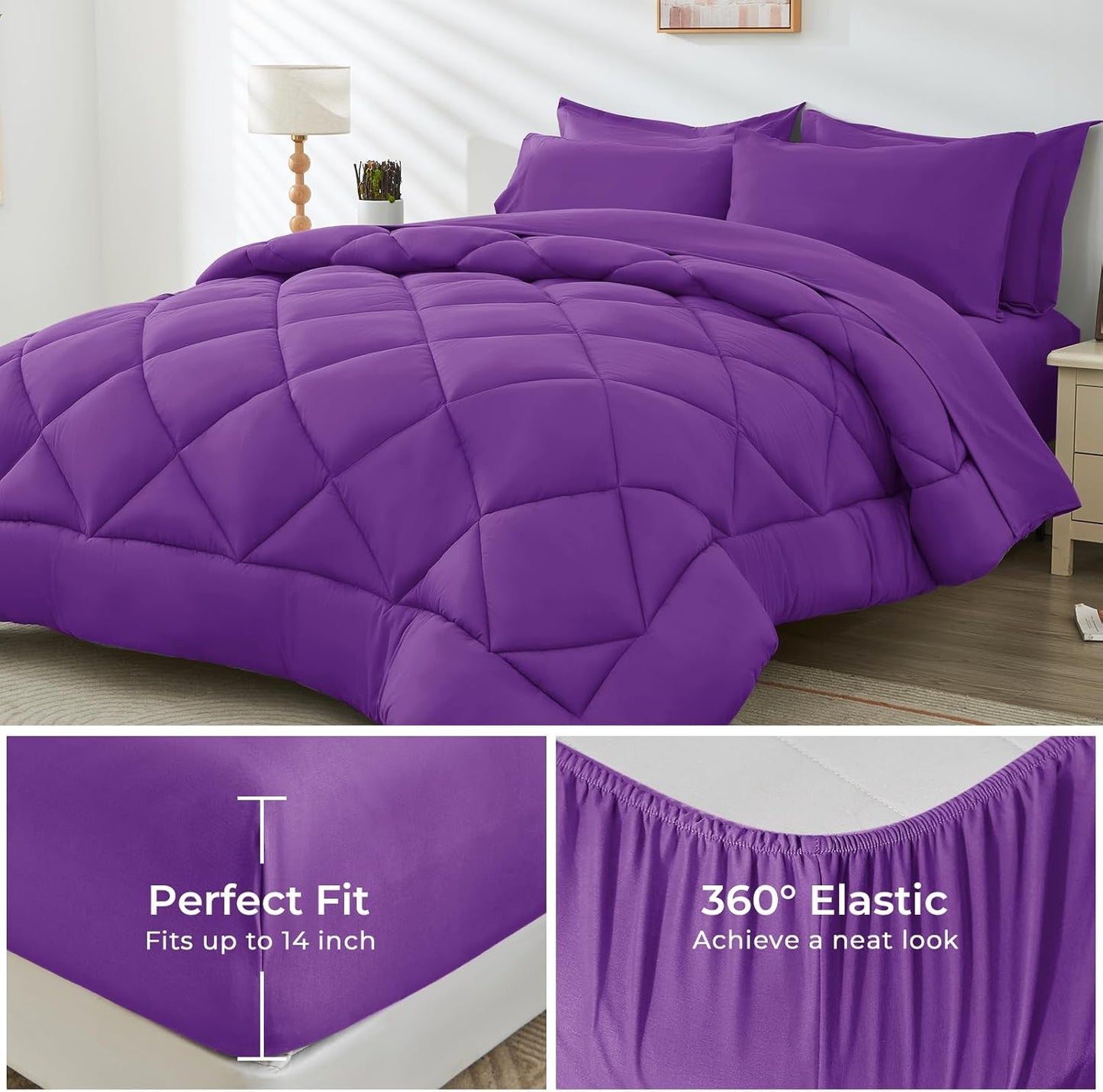 HEVUMYI Purple King Comforter Set - 7-Piece All Season Bed in a Bag King, Ultra Soft Bedding Set with Comforter, Flat Sheet, Fitted Sheet, Pillowcases, Pillow Shams
