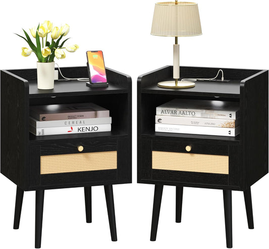 Nightstand Rattan with Charging Station, Mid Century Modern Bed Side Table, Boho End Table with Wood Legs, Bedside Tables for Bedroom Living Room (2, Black, 11.8" D x 15.9" W x 23.4" H (1 Drawers))