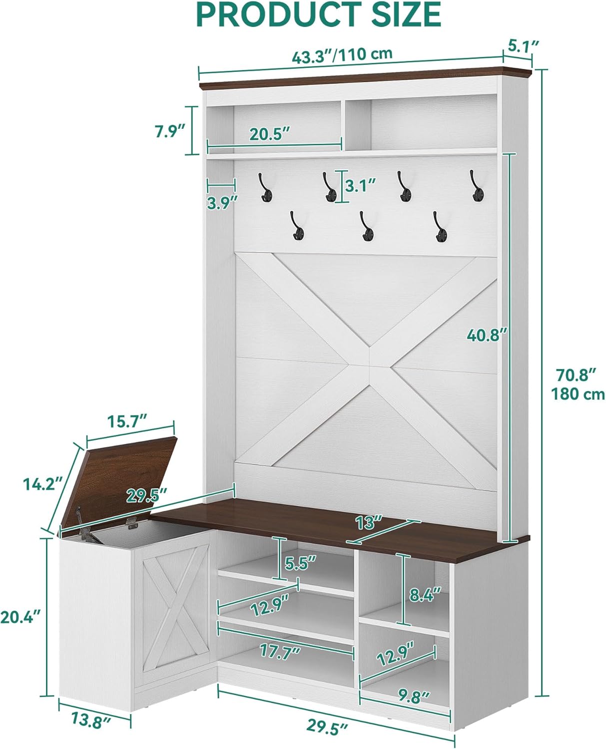 YITAHOME L-Shaped Hall Tree with Bench & Storage, Corner Entryway Organizer with 5 Shoe Shelves, Hidden Seat Compartment, Hooks & Open Top Storage for Living Room & Hallway, Walnut & Off-White