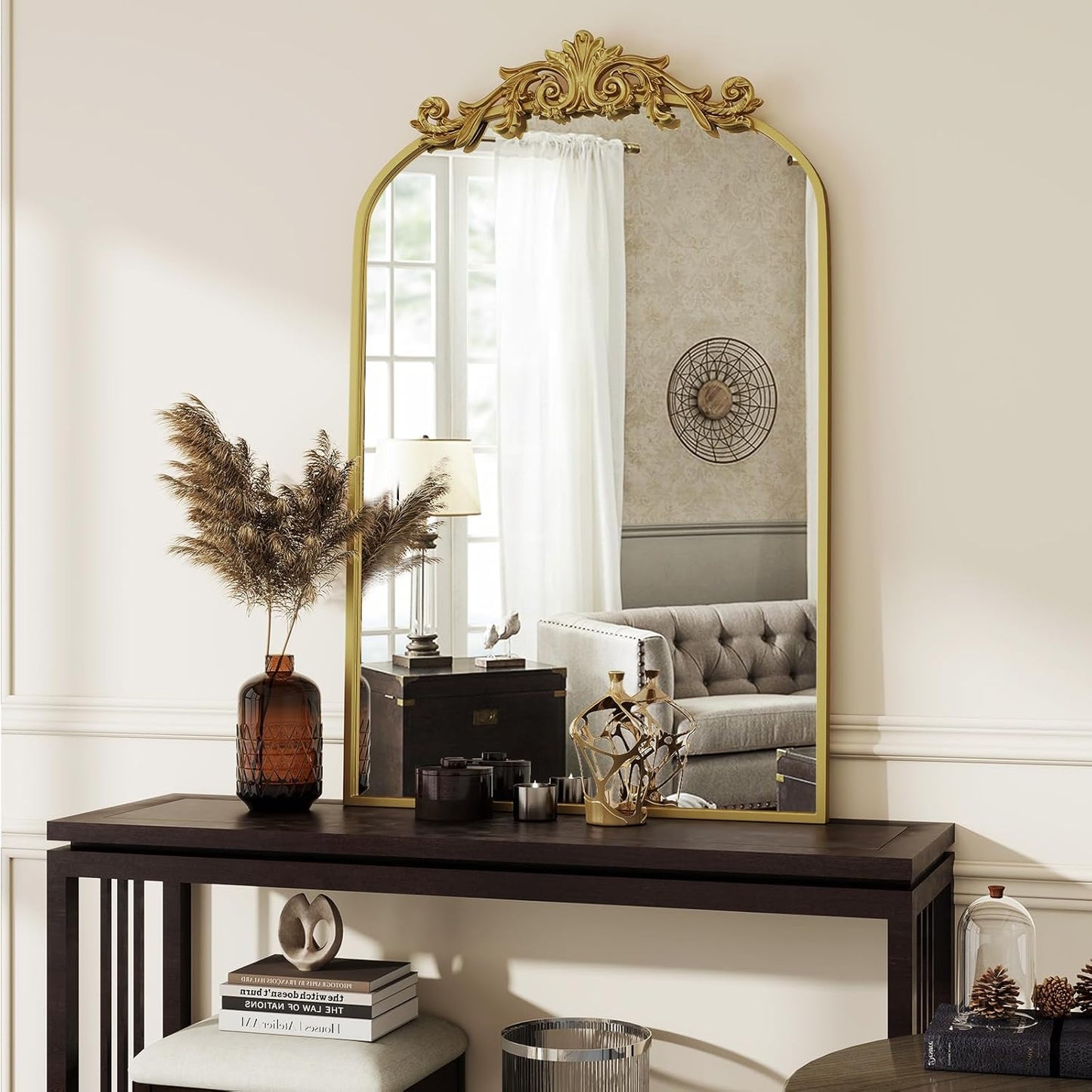 Vintage Arched Wall Mirror, 26x38 inch Retro Arch Bathroom Mirror, Carve Pattern Top Wall Mounted Vanity Mirror with Metal Frame, Bathroom Mirror Hanging or Leaning, Gold
